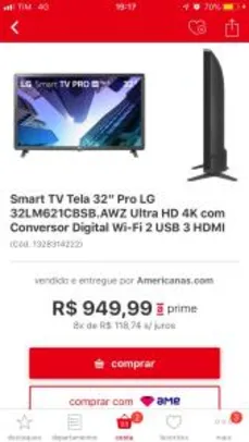 [AME R$756] Smart TV Tela 32” Pro LG Wi-Fi Bluetooth 32LM621CBSB.AWZ LED HD - R$950