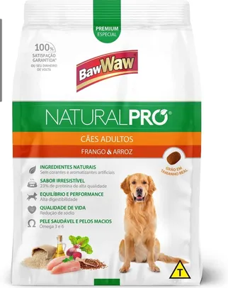 [prime] [recorrencia] Ração Baw Waw Natural Pro para cães adultos sabor Frango e Arroz - 15kg | R$108