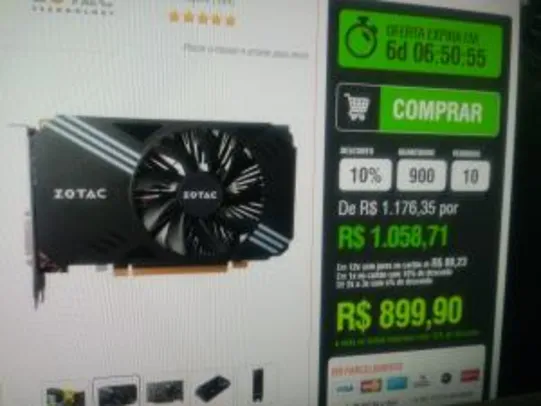 Placa de Vídeo VGA Zotac NVIDIA GeForce GTX 1060 3GB 192Bits 8008Mhz DVI/HDMI/DP - ZT-P10610A-10L