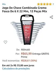 [Prime] Jogo De Chave Combinada Cromo Fosco De 6 X 22 Mm, 12 Peças Mtx