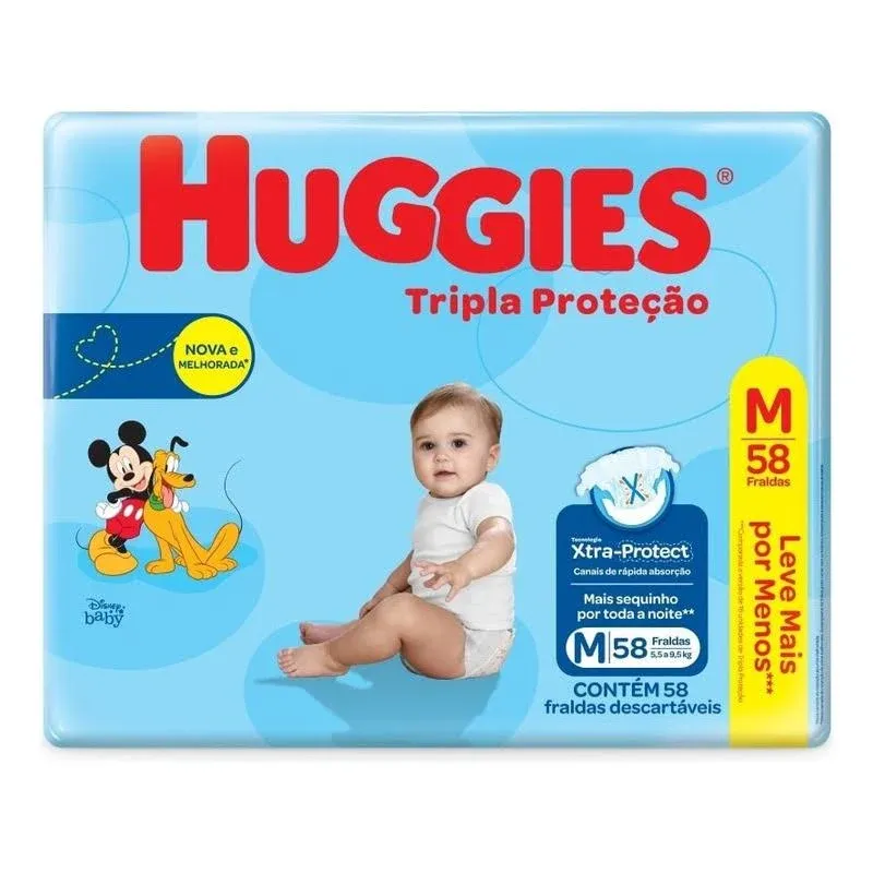 Imagem do produto Fralda Descartável Huggies Tripla Proteção Mega+ Tamanho M - 4 Pacotes Com 58 Fraldas - Total De 232 Tiras