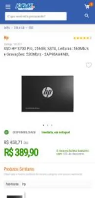 SSD HP S700 Pro, 256GB, SATA | R$ 390