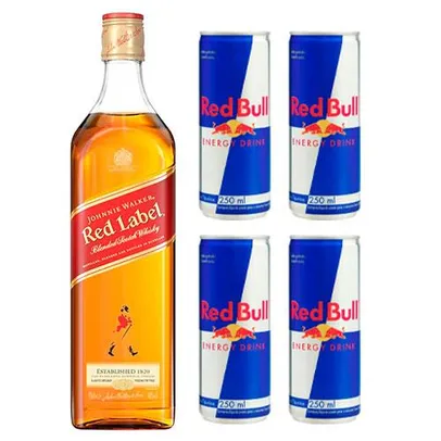 Whisky Johnnie Walker Red Label 1 Litro + 4 Latas do Energético Red Bull Energy Drink 250ml