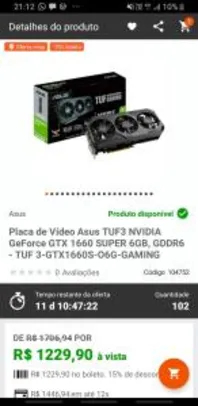 Placa de Vídeo Asus TUF3 GTX 1660 SUPER 6GB