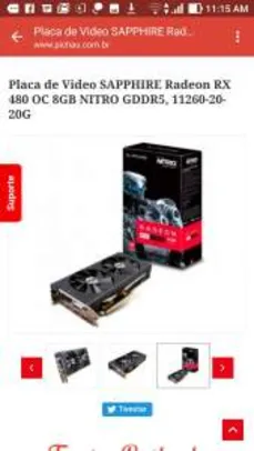 Placa de Video SAPPHIRE Radeon RX 480 OC 8GB NITRO GDDR5, 11260-20-20G