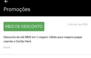 1 viagem com R$20 de desconto na Uber pagando com cartão Next