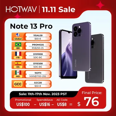 [Moedas/Taxa Inclusa] HOTWAV Nota 13 Pro Smartphone Celular 6.6 HD + Android 13 16GB + 256GB