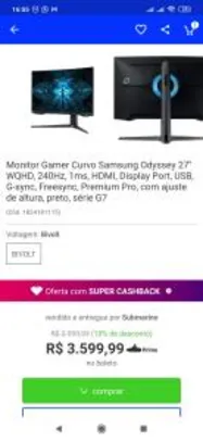 Monitor Gamer Curvo Samsung Odyssey 27'' WQHD, 240Hz série G7