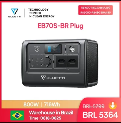 BLUETTI - Estação de Energia Portátil, Gerador Solar, Bateria LiFePO4, Backup para Camping, Pesca, Exterior, 800W, 716Wh, Plug Brasil