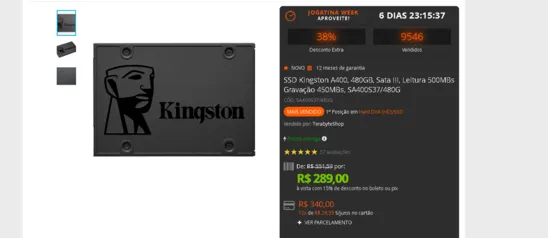 SSD Kingston A400, 480GB, Sata III, Leitura 500MBs Gravação 450MBs, SA400S37/480G - IMP