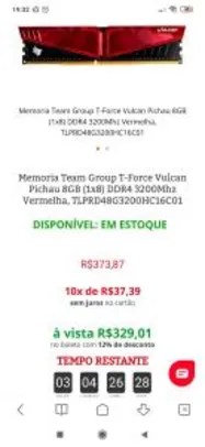 Memoria Team Group T-Force Vulcan Pichau 8GB (1x8) DDR4 3200Mhz Vermelha