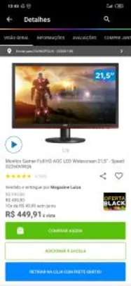 Saindo por R$ 449: Monitor Gamer Full HD AOC LED Widescreen 21,5” - Speed G2260VWQ6 | Pelando
