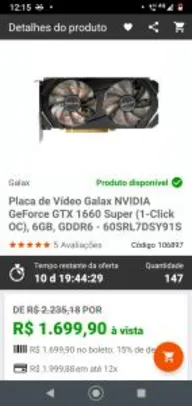 Placa de Vídeo Galax NVIDIA GeForce GTX 1660 Super (1-Click OC), 6GB, GDDR6