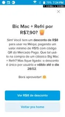 R$8 off pagando um valor mínimo de R$15 no Mc Donalds