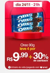 (APP/AME R$7 / SC AME R$6) Leve 4 - Biscoito Recheado Oreo Original 90g