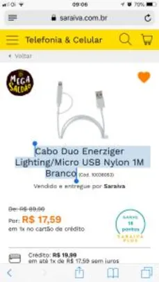 Cabo Duo Enerziger Lighting/Micro USB Nylon 1M Branco - R$18