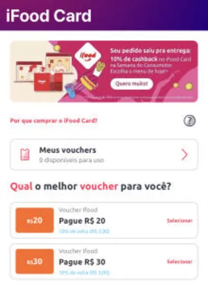 [App AME] 10% de cashback na compra de voucher IFood