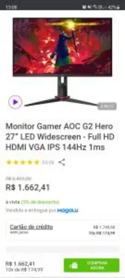Monitor Gamer AOC G2 Hero 27” LED Widescreen - Full HD HDMI VGA IPS 144Hz 1ms | R$1.662