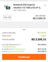 [APP+Cartão Shoptime] Notebook Dell Inspiron I15-7580-u10s 8ª Geração Intel Core I5 8gb 1tb Placa De Vídeo Fhd 15.6" Linux Mcafee | R$3.059