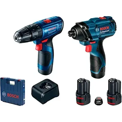 Kit Bosch Parafusadeira Furadeira GSB 120-LI e Chave de Impacto GDR 120-LI 12V com 1 carregador, 2 baterias e 1 maleta