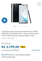 Galaxy Note10 Preto 256GB, 8GB RAM, Tela Infinita de 6.3", Câmera Tripla, Caneta S-Pen, IP68, Dual Chip, Leitor de Digital na Tela