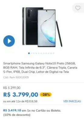 Galaxy Note10 Preto 256GB, 8GB RAM, Tela Infinita de 6.3", Câmera Tripla, Caneta S-Pen, IP68, Dual Chip, Leitor de Digital na Tela