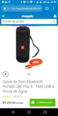 Caixa de Som Bluetooth Portátil JBL Flip 4 - 16W USB à Prova de Água | R$400