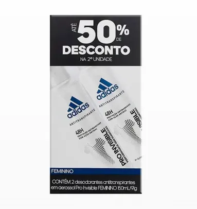 Kit Desodorante Aerosol Feminino Adidas Pro Invisible 150ml 2 Unidades | R$ 5,45