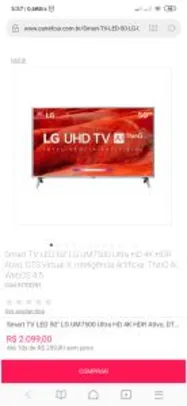 Smart TV LED 50" LG UM7500 Ultra HD 4K HDR Ativo, DTS Virtual X, Inteligência Artificial, ThinQ AI, WebOS 4.5 R$2099