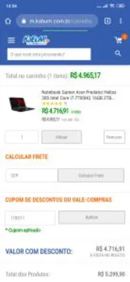 Notebook Gamer Acer Predator Helios 300 Intel Core i7-7700HQ 16GB 2TB NVIDIA GeForce GTX 1060 6GB GDDR5 - R$4716