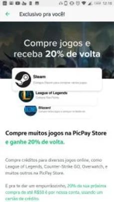 Cashback de 20% na compra de créditos do Steam ou créditos de jogos no PicPay (usuários selecionados)