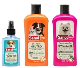 [AME R$19,99] Kit para animais shampoo/Condicionador e Colônia Sanol 