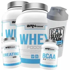 Kit 2x Whey Protein BRN Foods - Baunilha - 900g - 2 Unid + BCAA + Creatina + Coqueteleira - R$100