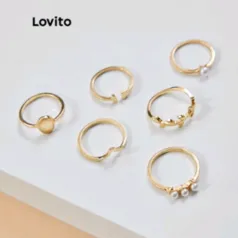 Lovito 6 Peças de Conjunto de Anéis Geometria Elegante Simples de Pérolas Artificia