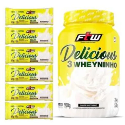 Whey Protein 3 Delicious 900g + Barra de Proteína Delicious 6un 40g - FTW | R$104