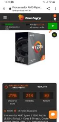 Processador AMD Ryzen 3 3100 3.6GHz (3.9GHz Turbo) - R$ 599