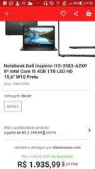 Notebook Dell Inspiron I15-3583-A2XP 8ª Intel Core I5 4GB 1TB LED HD 15,6" W10 Preto - R$1935