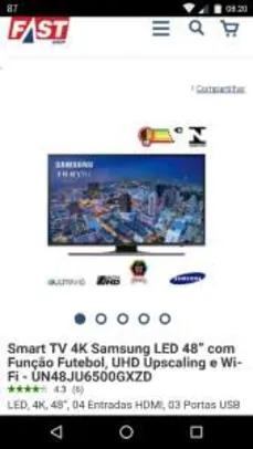 [Fast Shop] Smart TV 4K Samsung LED 48” com Função Futebol, UHD Upscaling e Wi-Fi R$2894