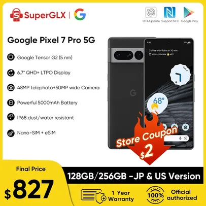 Original google pixel 7 pro 5g smartphone 12gb ram 128gb/256gb rom 6.7 "nfc octa núcleo android 13 i