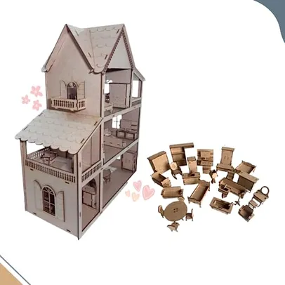 Casa de Bonecas Casinha mdf 60cm com 30 Mini Moveis - Cor Cru