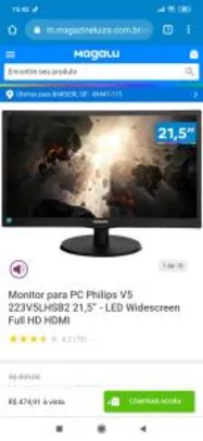 Monitor para PC Philips V5 223V5LHSB2 21,5” - LED Widescreen Full HD HDMI | R$475