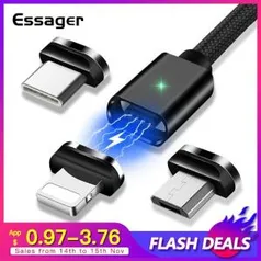 Essager Magnético Micro Cabo Usb Tipo C p/ Iphone e Samsung c/ Carregamento Rápido R$12