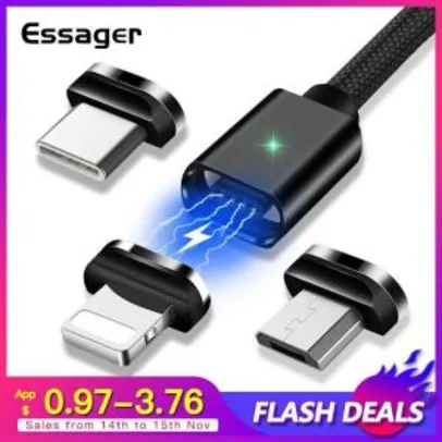 Essager Magnético Micro Cabo Usb Tipo C p/ Iphone e Samsung c/ Carregamento Rápido R$12