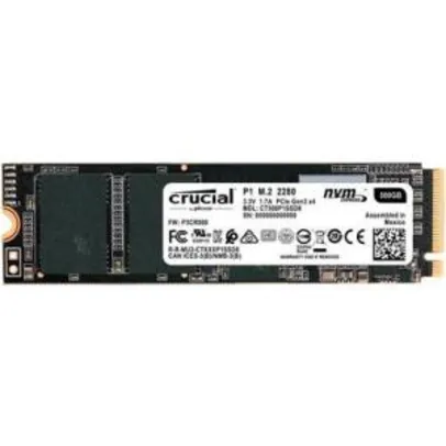 SSD Crucial P1, 500GB, M.2 NVMe, Leitura 1900MB/s, Gravação 950MB/s - CT500P1SSD8 - R$320