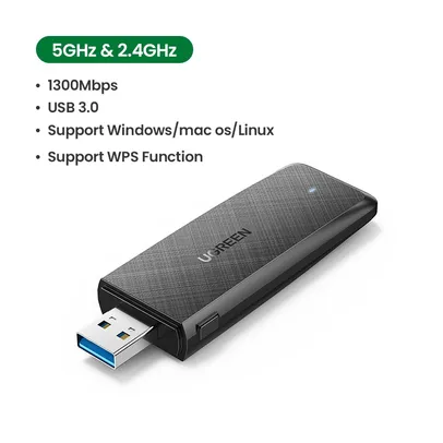 Adaptador WiFi UGREEN USB3.0 AC1300Mbps 5.8G E 2.4G Dual-Band USB Para PC Desktop Laptop