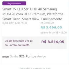 Smart Tv Samsung 4K 58 polegadas - R$3514,05