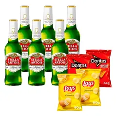 KIT JOGO - 2 Salgadinho Doritos 84g, 2 Batata Lays 80g + 6 Cerveja Stella Artois 330ml