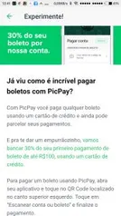 [PicPay] 30% cashback pagando boleto (usuários que receberam a notificação)