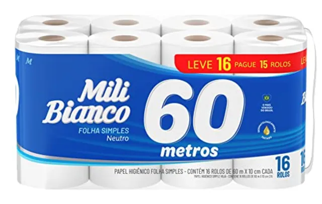 Papel Hig Folha SIMPLES 60m Mili Bianco Neutro L16P15 Pacote com 16 rolos