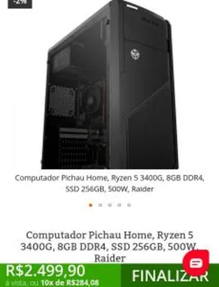 COMPUTADOR PICHAU HOME, RYZEN 5 3400G, 8GB DDR4, SSD 256GB, 500W, RAIDER | R$2.500